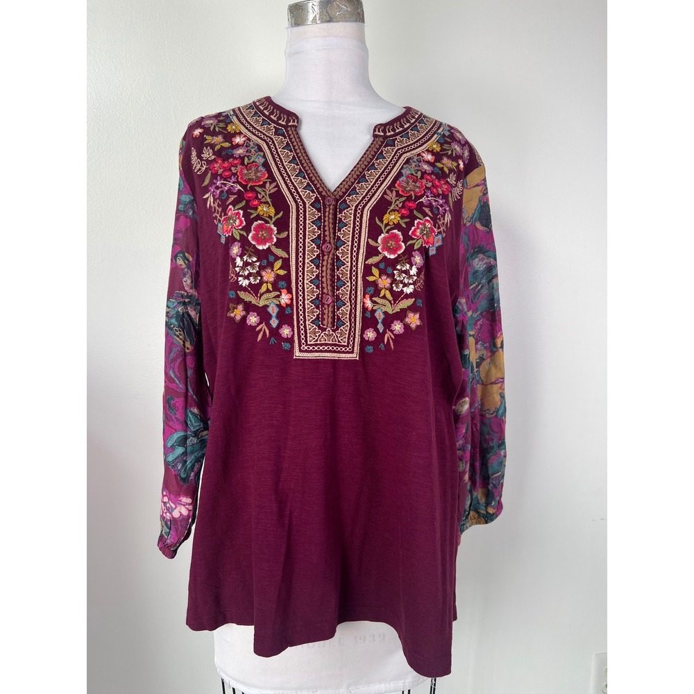 JOHNNY WAS Embroidered Mixed Media Blouse M Burgundy EUC Boho Floral V-Neck